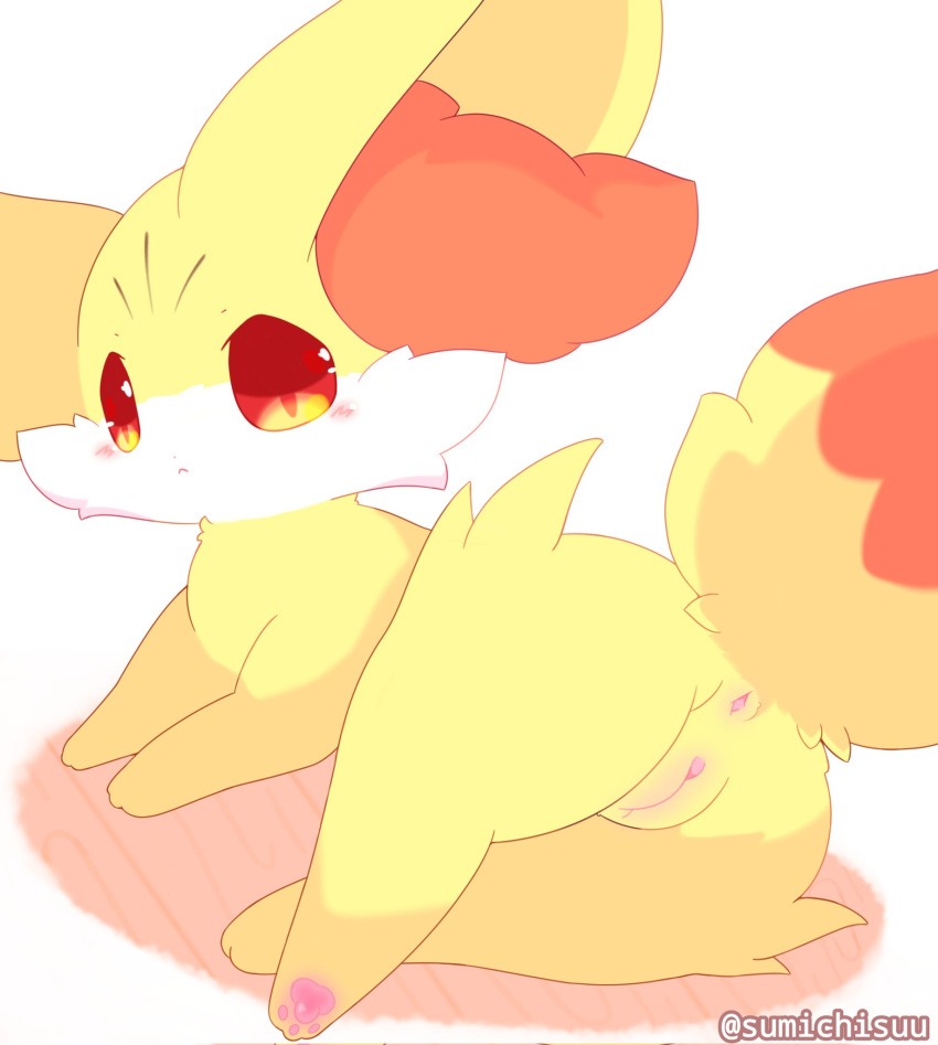 2023 anus artist_name blush blush_lines butt cheek_tuft colored digital_drawing_(artwork) digital_media_(artwork) facial_tuft female fennekin feral floor fluffy fluffy_tail fur generation_6_pokemon genitals hi_res hip_tuft looking_at_viewer looking_back looking_back_at_viewer lying lying_on_floor misumasu mouth_closed multicolored_body multicolored_fur nintendo nude pawpads paws pokemon pokemon_(species) presenting presenting_hindquarters pussy raised_tail red_body red_eyes red_fur red_tail shaded simple_background solo sumichisuu tail text tuft white_body white_fur wood wood_floor yellow_body yellow_fur yellow_tail