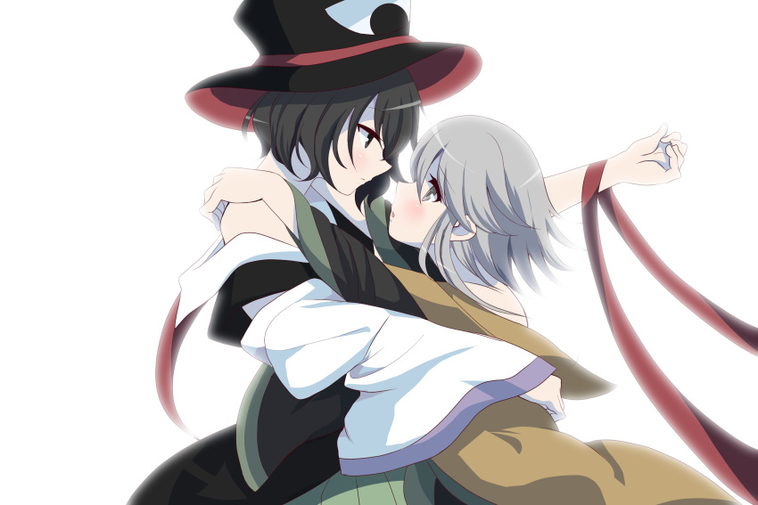 2others androgynous black_eyes black_hair black_sleeves brown_coat coat detached_sleeves enraku_tsubakura grey_eyes grey_hair hakama hakama_short_skirt hakama_skirt hat highres houlen_yabusame japanese_clothes large_hat layered_sleeves len'en long_sleeves miko_embrace multiple_others ougi_hina puffy_short_sleeves puffy_sleeves red_ribbon ribbon short_hair short_hair_with_long_locks short_over_long_sleeves short_sleeves skirt sleeveless_coat top_hat white_sleeves wide_sleeves