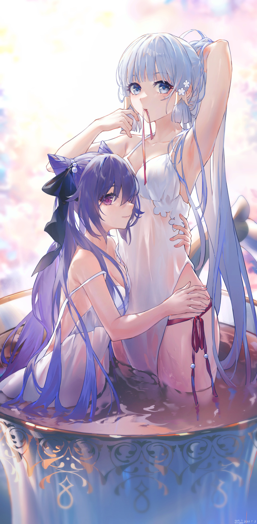 2girls absurdres alternate_costume arm_up armpits backless_dress backless_outfit bare_shoulders blue_eyes blue_hair blunt_bangs breasts cleavage closed_mouth commentary_request cone_hair_bun cup dress flower genshin_impact hair_bun highres hug kamisato_ayaka keqing_(genshin_impact) light_blue_hair long_hair looking_at_viewer mouth_hold multiple_girls ponytail purple_eyes purple_hair ribbon ribbon_in_mouth side_slit sleeveless sleeveless_dress smile strap_slip swkl:d teacup very_long_hair wading water wet wet_clothes wet_dress white_dress white_flower