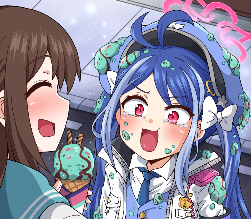 2girls :3 ^_^ absurdres airi_(blue_archive) blue_archive blue_hair blush bow brown_hair closed_eyes commentary_request crying crying_with_eyes_open devil_yanghyeok false_smile food food_on_body food_on_head fubuki_(blue_archive) hair_between_eyes hair_bow hair_ornament hair_ribbon hat heart heart_hair_ornament highres holding ice_cream ice_cream_cone jacket long_hair long_sleeves looking_at_another multicolored_hair multiple_girls necktie object_on_head open_clothes open_jacket peaked_cap police police_uniform policewoman red_eyes ribbon school_uniform serafuku sidelocks smile streaked_hair tears turtleneck turtleneck_jacket twintails uniform walkie-talkie white_jacket