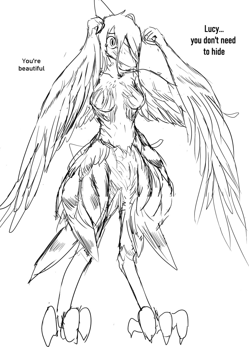 alternate_form anthro blush bodily_fluids crying dinosaur english_text fang_(gvh) feathered_arms feathered_breasts feathered_wings feathers female goodbye_volcano_high hair hi_res long_hair monochrome nude pterodactylus pterosaur pupils reptile rexhastala scalie sketch slit_pupils snoot_game_(fan_game) solo tears text thick_thighs wings