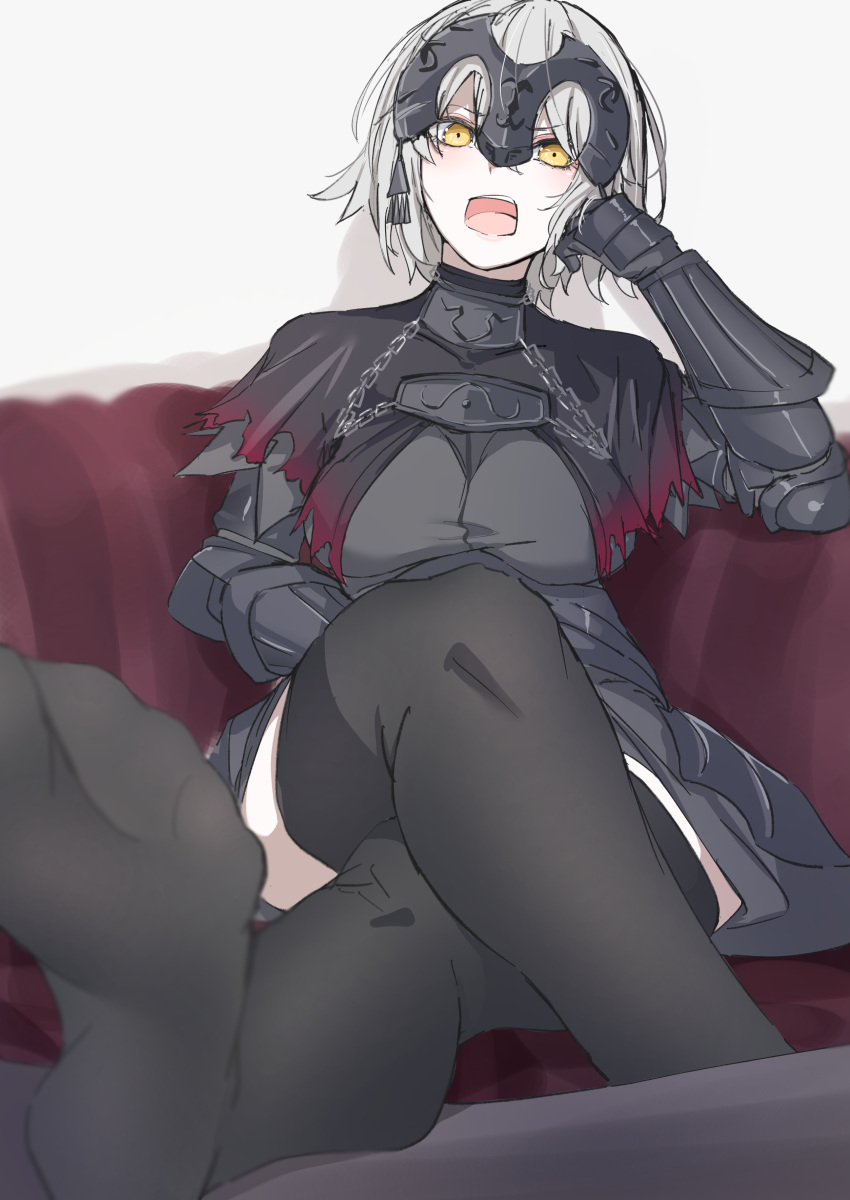 1girl absurdres armor armored_dress black_dress black_thighhighs breasts chain collar commission crossed_legs dress fate/grand_order fate_(series) faulds feet gauntlets grey_hair headpiece highres jeanne_d'arc_alter_(avenger)_(fate) jeanne_d'arc_alter_(fate) large_breasts looking_at_viewer metal_collar open_mouth pixiv_commission plackart ri_o_ne_su short_hair sitting thighhighs yellow_eyes