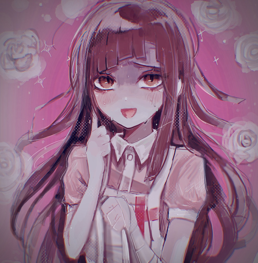 1girl :d apron blush brown_hair commentary danganronpa_(series) danganronpa_2:_goodbye_despair flower hand_up hands_up highres long_hair looking_at_viewer naruse_(nal1525) pink_background pink_shirt puffy_short_sleeves puffy_sleeves red_eyes shirt short_sleeves smile solo sweat tsumiki_mikan two-tone_shirt white_apron