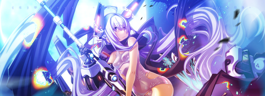 1girl ahoge breasts dutch_angle gauntlets highres holding holding_weapon long_hair medium_breasts one-piece_swimsuit original purple_eyes sakuya_tsuitachi single_gauntlet solo swimsuit torn_clothes torn_swimsuit weapon white_hair white_one-piece_swimsuit