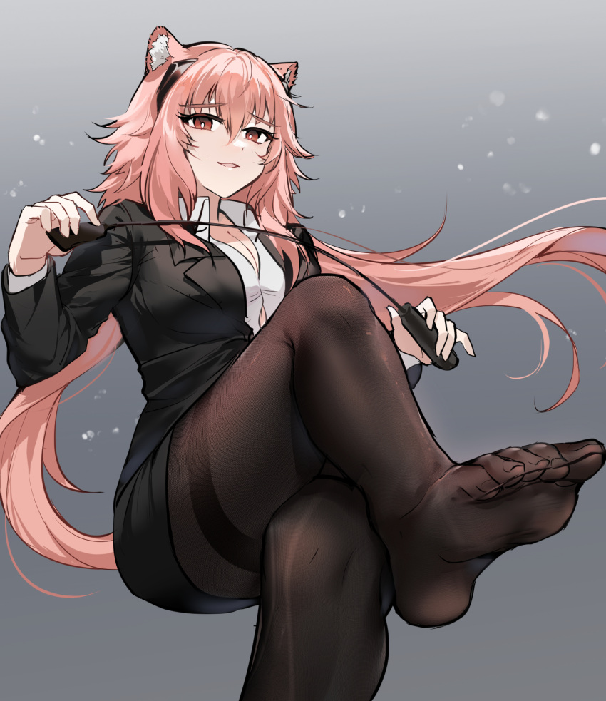 1girl akitsuki_(oenothera) animal_ear_fluff animal_ears arknights black_jacket black_skirt breasts brown_pantyhose cleavage collared_jacket collared_shirt commentary commission crossed_legs dress_shirt feet floating_hair foot_focus foot_out_of_frame foot_up foreshortening from_below gradient_background gravel_(arknights) grey_background hair_between_eyes hands_up highres holding holding_riding_crop invisible_chair jacket large_breasts layered_sleeves light_particles long_hair long_sleeves looking_at_viewer miniskirt naughty_face open_clothes open_jacket pantyhose parted_lips pink_hair pixiv_commission prairie_dog_ears prairie_dog_girl presenting presenting_foot red_eyes riding_crop see-through see-through_legwear shadow shirt simple_background sitting skirt smile soles solo thighs toenails toes variant_set very_long_hair white_shirt wing_collar