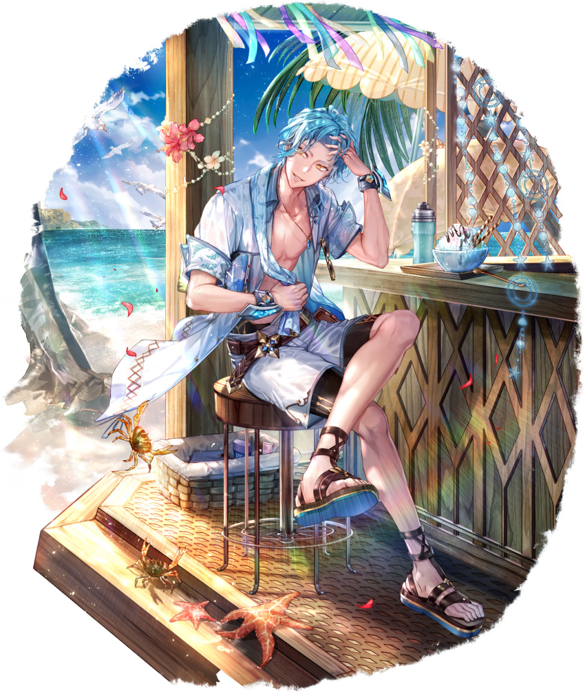 1boy achan_(blue_semi) alternate_costume asymmetrical_hair basket beach beach_umbrella belt belt_pouch bird blue_hair book border bowl brown_belt carrying carrying_under_arm ciriaer_(eternal_tree) counter crab crossed_legs cuffs day eternal_tree eyewear_hang fading_border falling_petals flower food food_stand full_body gladiator_sandals hand_in_own_hair hibiscus highres holding holding_towel jacket jammers jewelry light_particles light_rays looking_to_the_side lotion male_focus male_swimwear medium_hair necklace no_shirt ocean official_art outdoors palm_tree parted_bangs parted_lips petals plumeria pouch red_flower sandals seagull seashell shaved_ice shell short_sleeves shorts sideways_glance sitting smile solo spoon starfish stool summer sunglasses sunlight sunscreen swimsuit swimsuit_under_clothes thermos third-party_source toned toned_male towel towel_around_neck transparent_background tray tree umbrella unworn_eyewear wafer_stick white_flower white_jacket white_shorts yellow_eyes