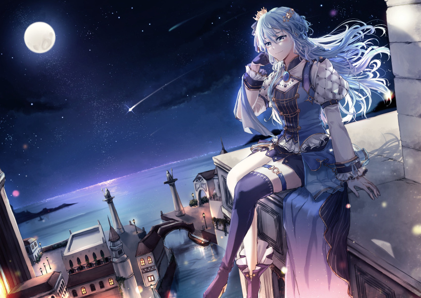 absurdres blue_hair brooch canal crown dress gloves highres hololive hoshimachi_suisei jewelry lamppost long_hair looking_at_viewer moon night night_sky potamikouu shooting_star sitting skirt sky star_(sky) thighhighs town virtual_youtuber water