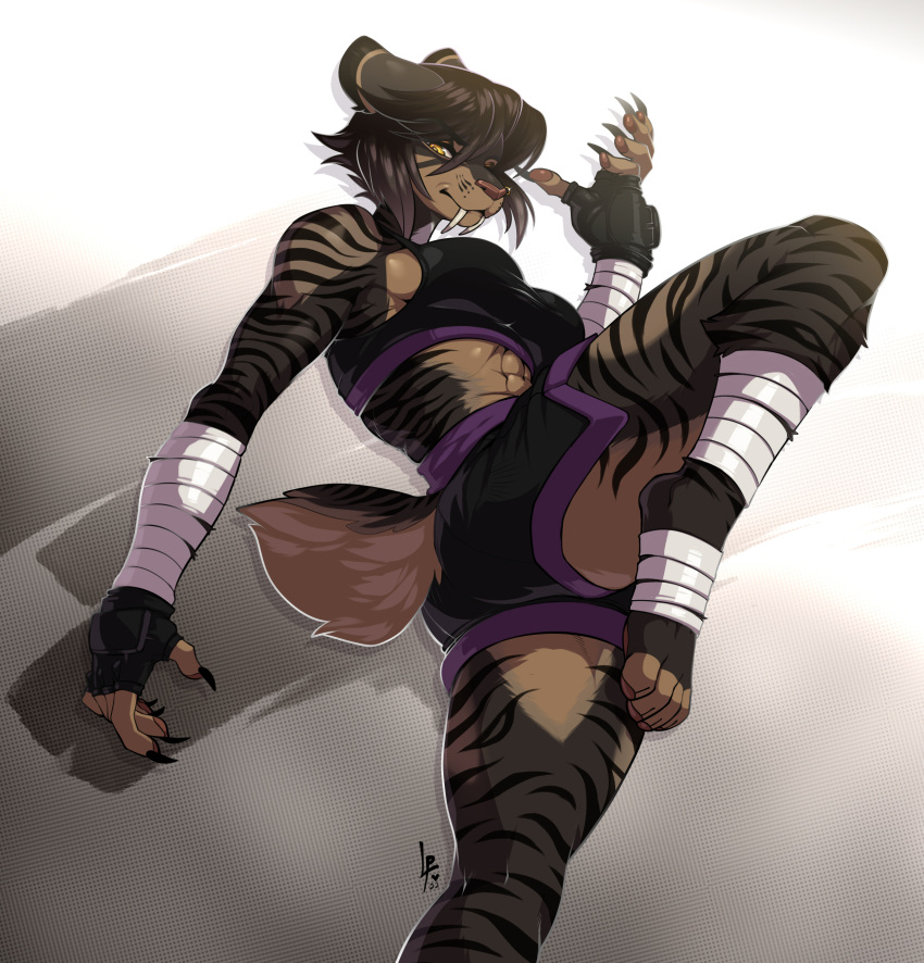 abs absurd_res action_pose anthro athletic breasts felid female gynomorph_(lore) hi_res katerina_aristov luckypan mammal martial_arts muay_thai muscular muscular_female pose saber-toothed_tiger solo stripes workout_clothing yellow_eyes