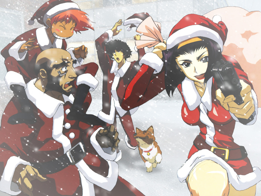 2girls beard belt black_belt black_footwear blush_stickers boots breasts christmas closed_mouth collar cowboy_bebop edward_wong_hau_pepelu_tivrusky_iv ein_(cowboy_bebop) facial_hair faye_valentine green_eyes hairband hat highres holding holding_weapon jet_black kawamoto_toshihiro lipstick makeup multiple_girls official_art orange_hair prosthesis prosthetic_arm purple_hair red_collar santa_costume santa_hat scar scar_across_eye snow spike_spiegel weapon yellow_hairband