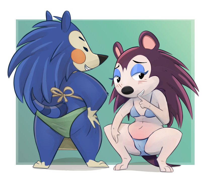 absurd_res animal_crossing anthro blue_body blue_fur blush blush_lines clothing crouching duo eulipotyphlan feet female fur hedgehog hi_res honeymono labelle_able looking_at_viewer looking_back mabel_able mammal nintendo panties pose semi-anthro toes underwear