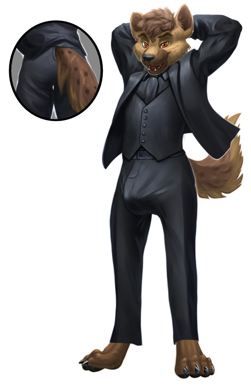 2023 anthro athletic big_bulge black_clothing black_nose brown_body brown_eyes brown_fur bulge claws clothed clothing cutaway digitigrade dress_pants dress_shirt dsw7 fully_clothed fur hands_behind_head hi_res hyena jarl_hyena looking_at_viewer male mammal pawpads paws raised_arms shirt smile smiling_at_viewer solo spotted_hyena suit suit_and_tie suit_jacket suit_pants suit_vest tan_body tan_fur toe_claws topwear