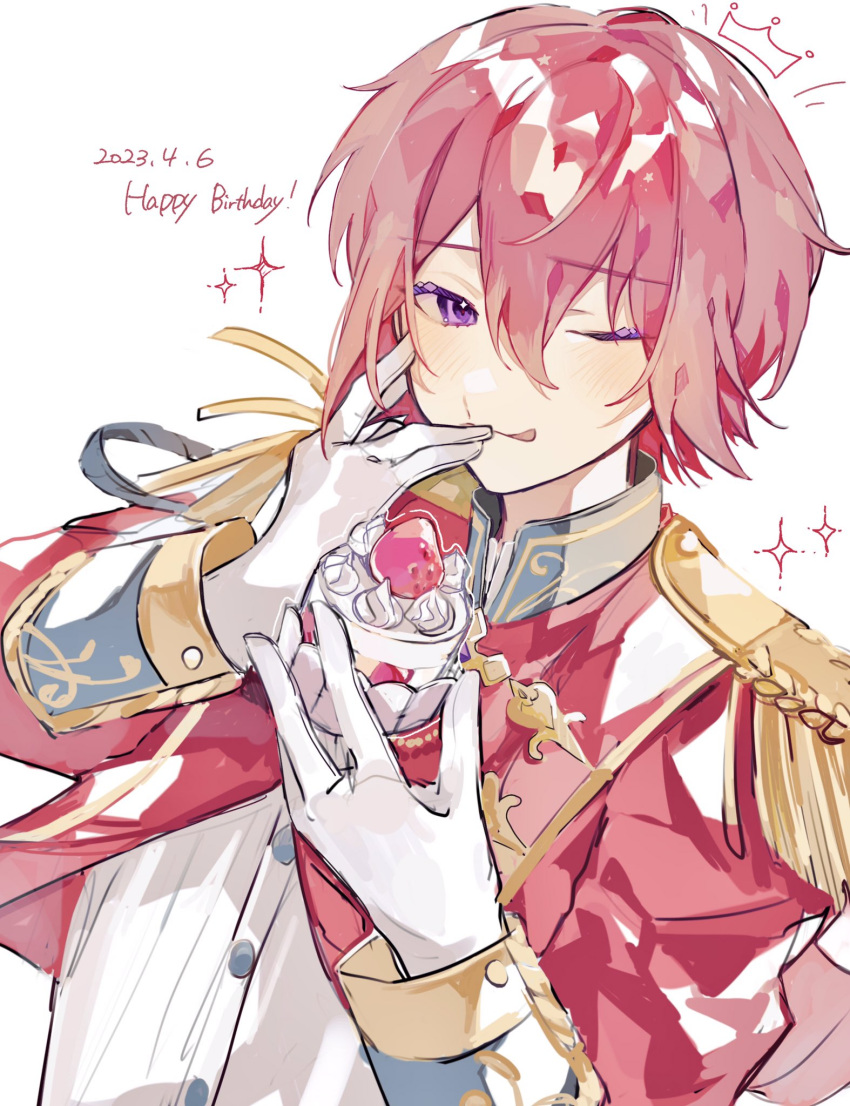 1boy 2023 blush cupcake daifugo_happy dated drawn_crown ensemble_stars! epaulettes food formal gloves happy_birthday highres holding holding_food idol_clothes jacket male_focus purple_eyes red_hair red_jacket shirt short_hair solo sparkle suou_tsukasa tongue tongue_out white_gloves white_shirt