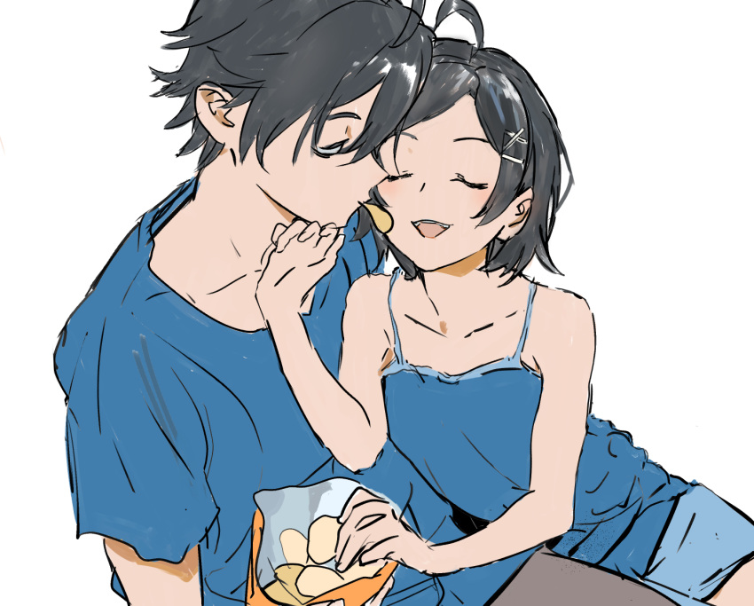 1boy 1girl ahoge black_hair breasts brother_and_sister chips_(food) fang food hair_ornament hairclip highres hikigaya_hachiman hikigaya_komachi kakeami shared_food short_hair shorts siblings small_breasts tank_top x_hair_ornament yahari_ore_no_seishun_lovecome_wa_machigatteiru.