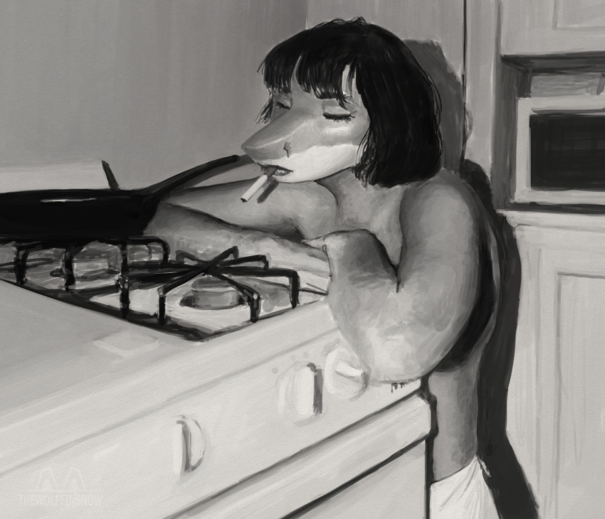 anthro appliance cigarette clothed clothing cookware eyes_closed female fish frying_pan hair kitchen_utensils lips lipstick makeup marine photo shark smoking snout solo stove stove_burner study thewolffinsnow tools topless