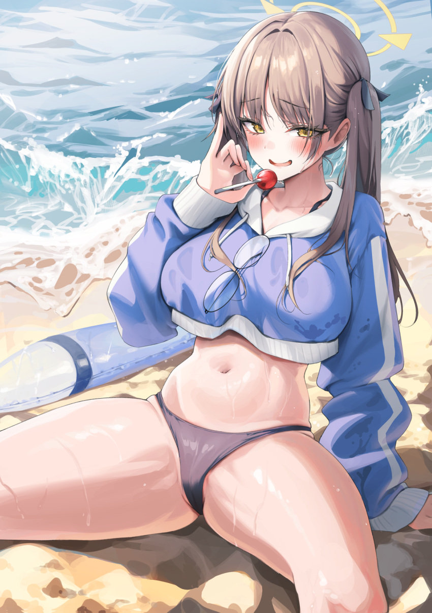 1girl alpha_(ypalpha79) beach bikini bikini_bottom_only black_bikini blue_archive blue_hoodie blush breasts brown_hair candy collarbone cropped_hoodie feet_out_of_frame food halo highres holding holding_candy holding_food holding_lollipop hood hoodie large_breasts lollipop long_sleeves looking_at_viewer moe_(blue_archive) moe_(swimsuit)_(blue_archive) navel official_alternate_costume on_ground sitting smile solo spread_legs stomach swimsuit twintails