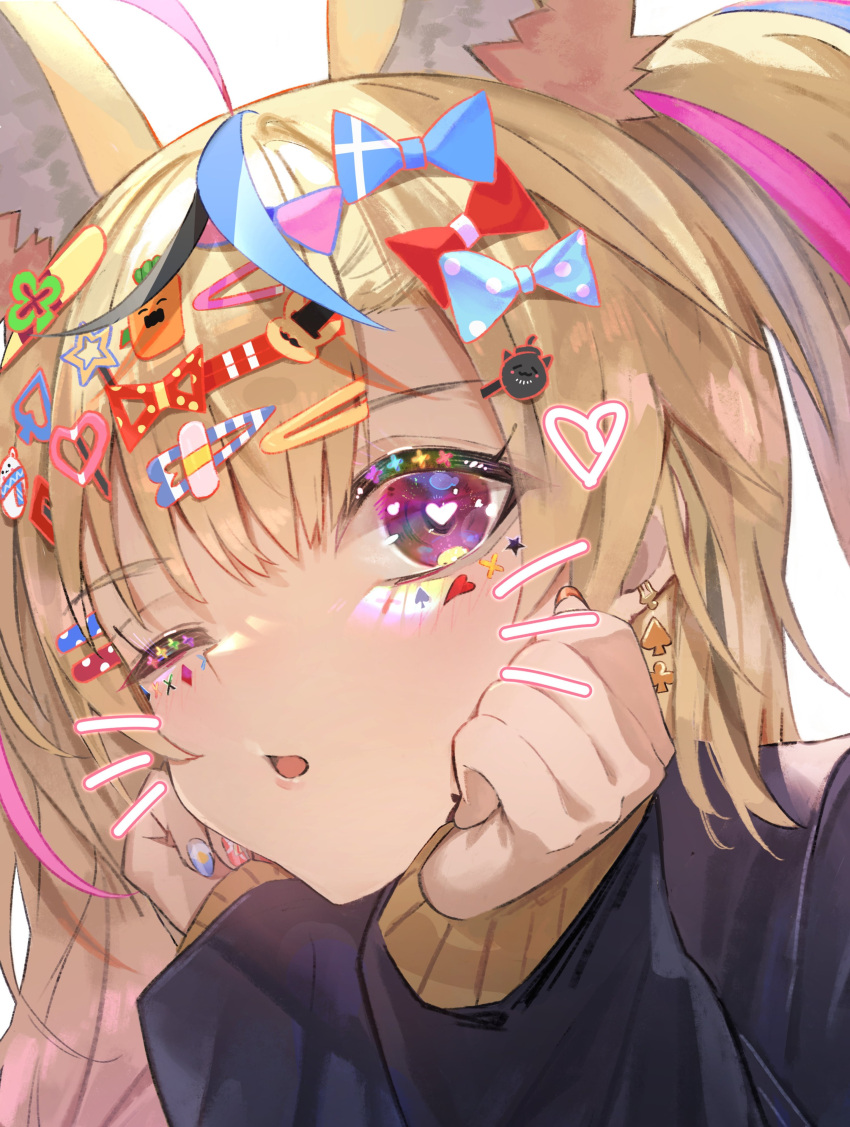 1girl absurdres animal_ear_fluff animal_ears black_hair black_jacket blonde_hair blue_hair blue_nails bow commentary drawn_whiskers earrings facial_mark fox_ears fox_girl hair_bow hair_ornament hairpin hands_on_own_cheeks hands_on_own_face hands_up heart heart-shaped_pupils highres hololive jacket jewelry kouhiipan light_blush long_sleeves looking_at_viewer medium_hair multicolored_hair multicolored_nails multiple_hair_bows multiple_hairpins nail_art nail_polish official_alternate_costume official_alternate_hairstyle omaru_polka omaru_polka_(4th_costume) one_eye_closed parted_lips pink_hair pink_nails purikura purple_eyes school_uniform simple_background solo streaked_hair symbol-shaped_pupils upper_body virtual_youtuber white_background