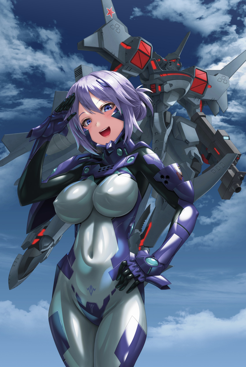 1girl :d armored_bodysuit blue_bodysuit blue_eyes bodysuit breasts character_request cloud cloudy_sky commentary_request commission covered_navel covered_nipples fortified_suit hand_on_own_hip headgear highres impossible_bodysuit impossible_clothes kurione_(zassou) large_breasts looking_at_viewer mecha muv-luv muv-luv_alternative purple_hair robot salute shiny_clothes skeb_commission sky smile solo teeth upper_teeth_only