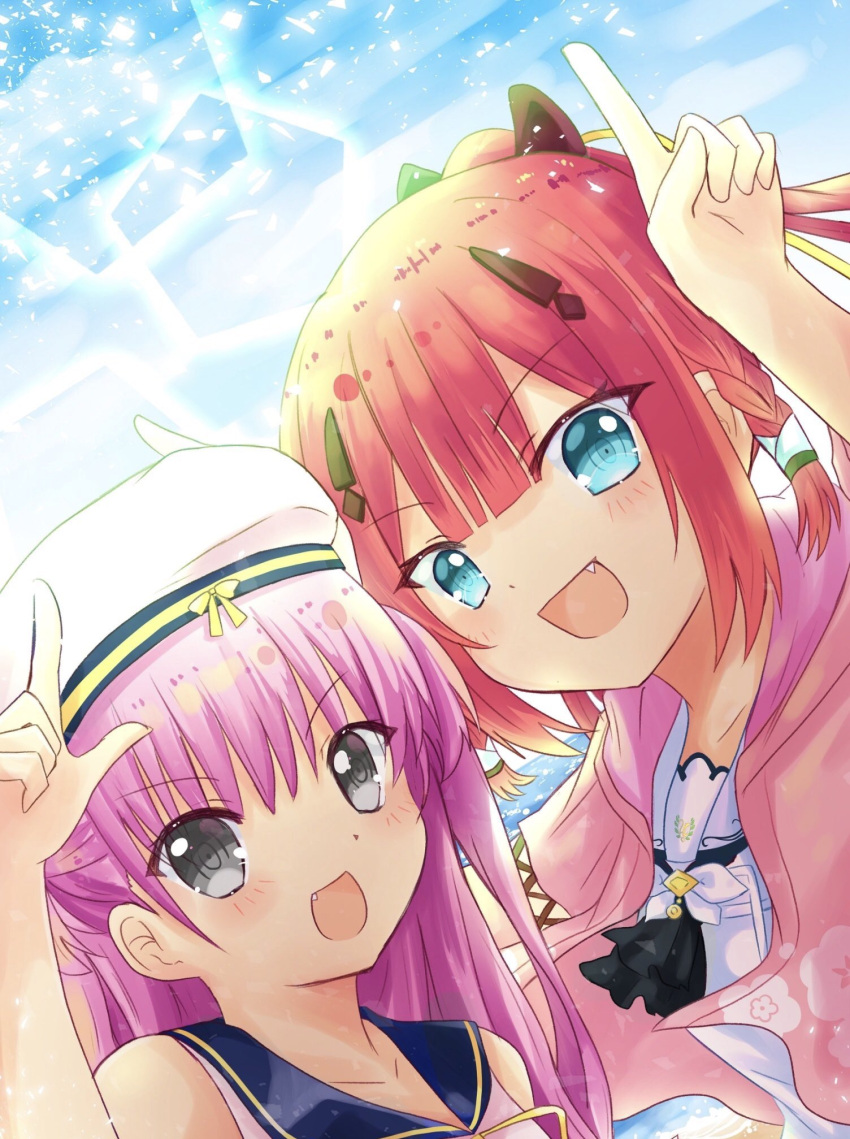 2girls :d blue_sailor_collar blunt_bangs blush braid canaca_chiyuri center-flap_bangs cherry_blossom_print close-up commentary_request day dress dutch_angle eyes_visible_through_hair fake_horns fang floral_print grey_eyes hair_between_eyes hair_ornament hairclip hands_up hat highres horns horns_pose japanese_clothes kamiyama_shiki katou_umi kimono light_particles long_hair looking_at_viewer multiple_girls ocean oni_horns open_clothes open_kimono open_mouth outdoors pink_kimono ponytail purple_hair red_hair ringed_eyes sailor_collar sailor_dress sailor_hat school_uniform shirt smile summer_pockets tsurime twin_braids two_side_up v-shaped_eyebrows white_dress white_headwear white_sailor_collar white_shirt
