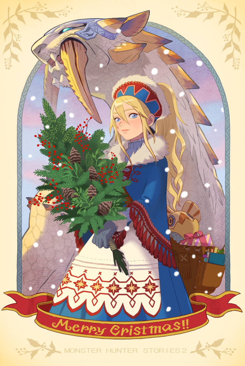 1girl absurdres ayuria barioth blonde_hair blue_eyes christmas_ornaments christmas_present commentary_request dress fur-trimmed_collar fur_trim gift gloves highres long_hair merry_christmas monster_hunter_(series) monster_hunter_stories_2 notebook official_art ornament ponytail smile snow tusks winter_clothes yian_kut-ku