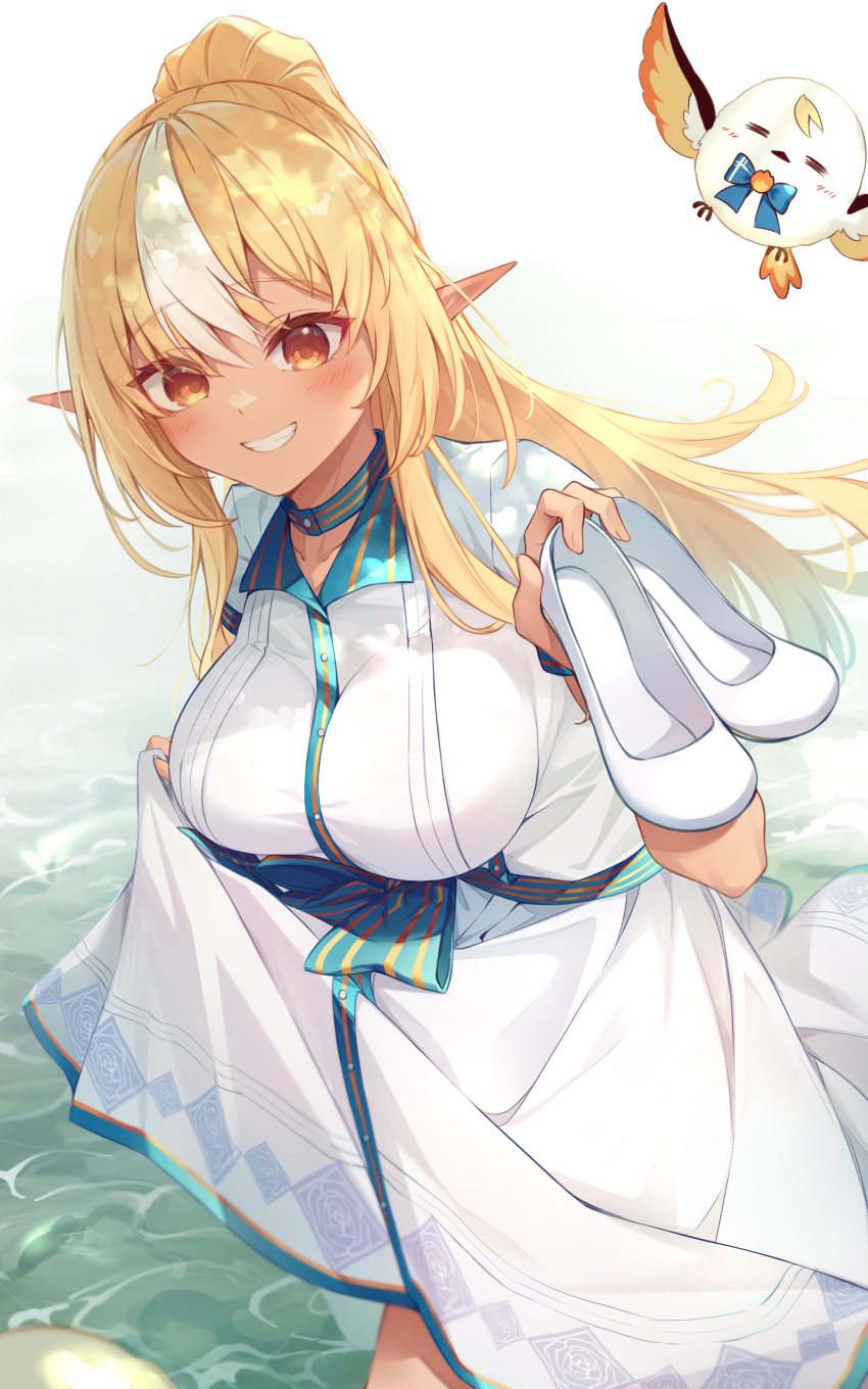 1girl :d absurdres blonde_hair blush breasts brown_eyes creature dark-skinned_female dark_skin dress highres holding holding_shoes hololive impossible_clothes impossible_dress large_breasts long_hair looking_at_viewer multicolored_hair parted_lips ponytail shiranui_flare shoes shoes_removed short_sleeves skirt_hold smile solo streaked_hair tang-du two-tone_hair very_long_hair wading water white_dress white_footwear white_hair