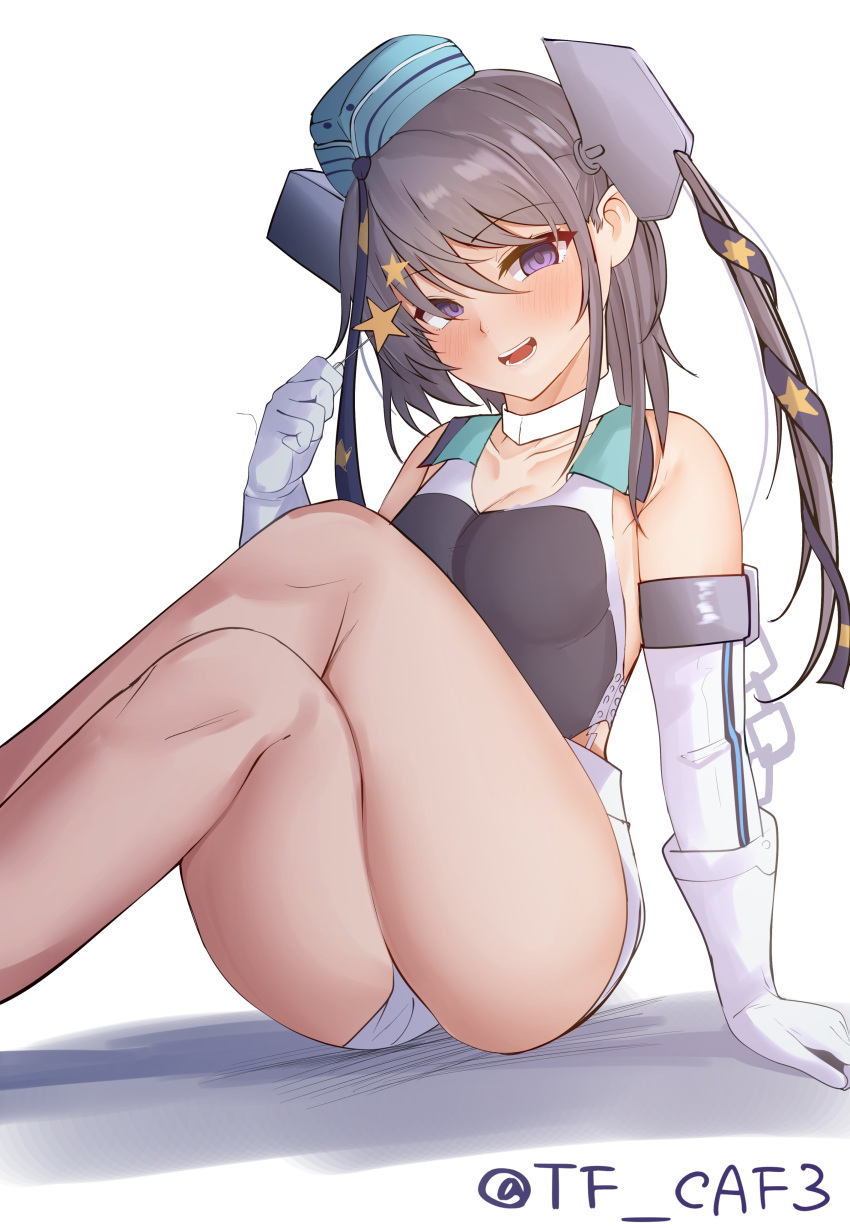 1girl absurdres aqua_headwear black_one-piece_swimsuit black_ribbon competition_swimsuit garrison_cap gloves grey_eyes grey_hair hair_ornament hat highres kantai_collection long_hair multicolored_clothes multicolored_swimsuit one-hour_drawing_challenge one-piece_swimsuit ribbon scamp_(kancolle) short_shorts shorts side_ponytail simple_background sitting solo star_(symbol) star_hair_ornament swimsuit tf_cafe two-tone_one-piece_swimsuit white_background white_gloves white_shorts