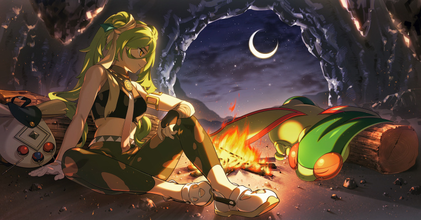 1girl arm_support campfire closed_mouth cloud commentary_request crescent_moon fire flygon gcckg gloves green_hair ground_miku_(project_voltage) hair_ribbon hatsune_miku highres long_hair looking_down moon necktie night pants pokemon pokemon_(creature) project_voltage ribbon shirt shoes sitting sky sleeveless sleeveless_shirt smile vocaloid white_footwear