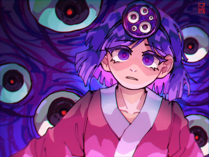 1other androgynous black_hairband blunt_ends collarbone colored_eyelashes empty_eyes extra_eyes hairband head_mirror highres japanese_clothes kimono len'en long_sleeves looking_at_viewer mitsumo other_focus parted_lips pink_kimono purple_background purple_eyes purple_hair red_pupils short_hair signature terumi_(len'en) upper_body waiwa_way
