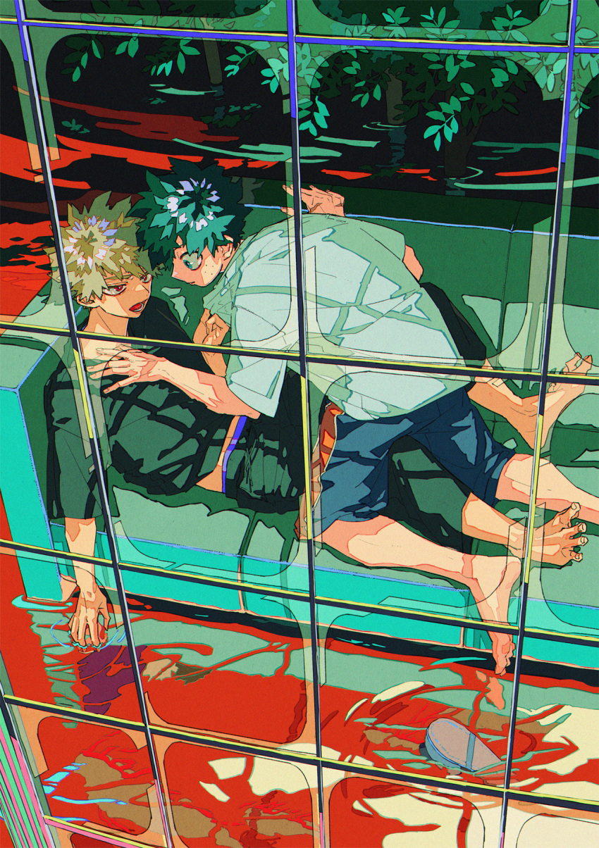 2boys aqua_eyes aqua_hair bakugou_katsuki barefoot black_pants black_shirt blonde_hair blue_male_underwear blue_shirt boku_no_hero_academia bright_pupils cel_shading chromatic_aberration commentary_request couch cover cover_page doujin_cover eye_contact eyebrows_hidden_by_hair face-to-face feet_on_chair film_grain flood freckles from_outside from_side glass hand_on_another's_chest hands_up highres indoors kneeling leaf leaning_forward light ligne_claire liquid looking_at_another lower_teeth_only male_focus male_underwear midoriya_izuku multiple_boys on_couch open_mouth pants parted_lips partial_commentary partially_immersed plant profile reclining red_eyes reflection reflective_water ripples sandals sandals_removed sanpaku scar scar_on_hand shadow shirt shirt_grab short_hair short_sleeves shorts soaking_hands souko_(floyd) spiked_hair t-shirt teeth textless_version underwear white_pupils window_shade