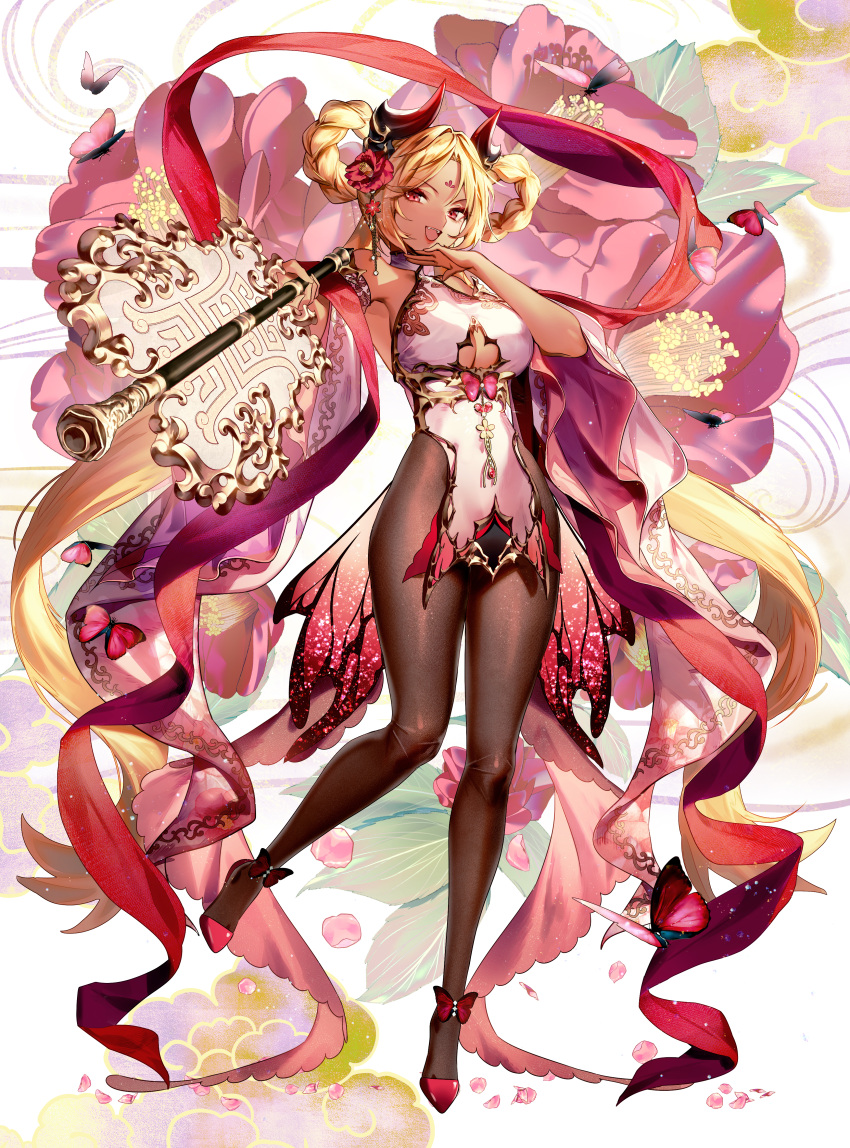 1girl absurdres black_joa blonde_hair braid breasts brown_pantyhose bug butterfly clothing_cutout copyright_request detached_sleeves dress facial_mark fang floral_background flower forehead_mark full_body gunbai hair_flower hair_ornament hair_rings hand_on_own_chin hand_up highres holding holding_weapon horns large_breasts long_hair open_mouth outstretched_arm pantyhose pelvic_curtain petals pointing_weapon red_flower red_footwear sleeveless sleeveless_dress solo teeth twintails upper_teeth_only very_long_hair war_fan weapon wide_sleeves