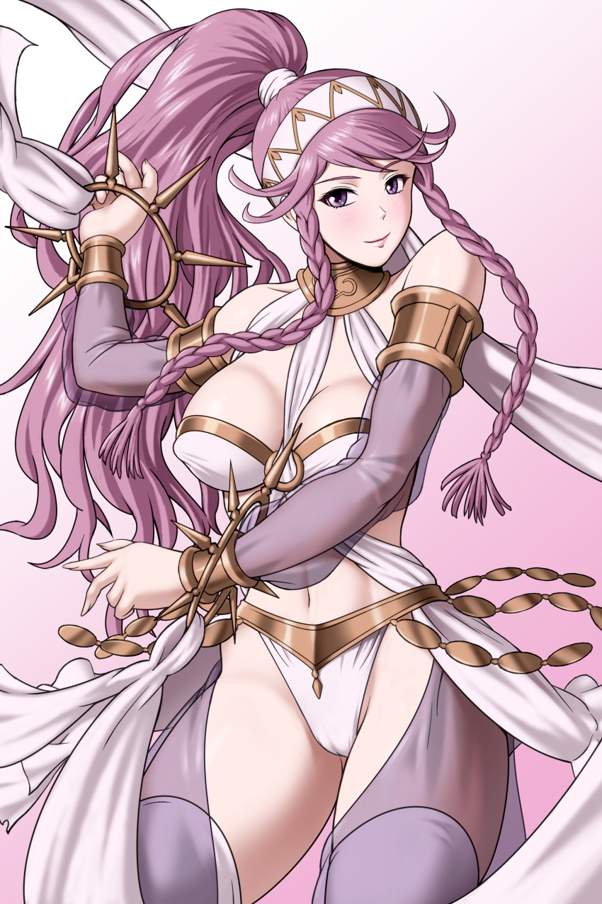 1girl absurdres armlet braided_sidelock breasts dancer detached_sleeves fire_emblem fire_emblem_awakening gold_trim headband high_ponytail highres jewelry long_hair looking_at_viewer medium_breasts midriff navel olivia_(fire_emblem) pink_hair ponytail purple_eyes rakusai_(saisai_garou) ring see-through see-through_sleeves shawl smile solo spiked_ring very_long_hair white_background white_shawl