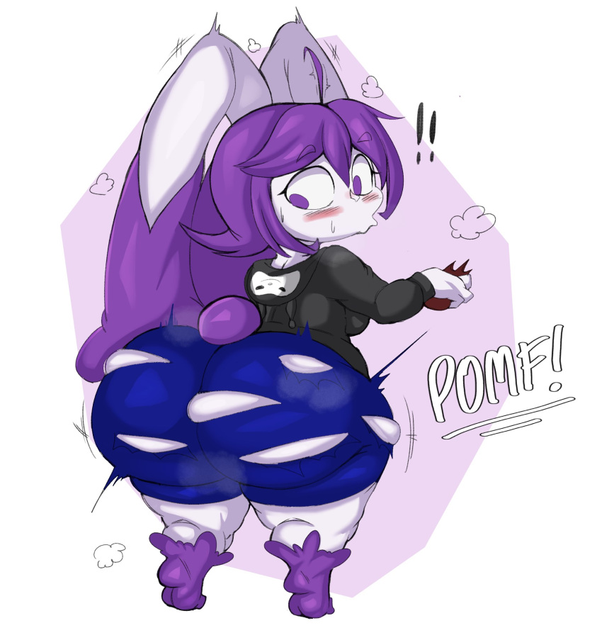 anthro anthrofied big_butt blush bottomwear butt butt_expansion candy chocolate clothing dessert english_text exclamation_point expansion female food hi_res holding_candy holding_chocolate holding_food holding_object hoodie huge_butt lagomorph leporid looking_back mammal onomatopoeia open_mouth purple_body purple_eyes purple_yoshi_draws rabbit shorts solo sound_effects species_transformation text thick_thighs topwear torn_bottomwear torn_clothing torn_shorts transformation valrie_(valriedoughs) white_body wide_hips