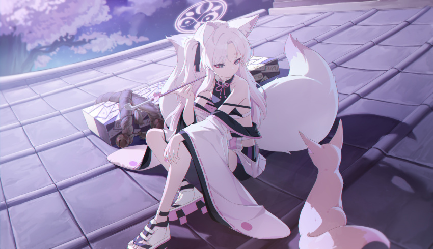 1girl absurdres animal animal_ears bare_shoulders bell bike_shorts black_shorts blue_archive detached_sleeves eyeshadow fox fox_ears fox_tail grey_eyes hakama hakama_short_skirt hakama_skirt halo highres holding holding_smoking_pipe japanese_clothes kimono kuzunoha_(blue_archive) long_hair makeup multiple_tails on_roof pink_halo red_eyeshadow rooftop rope shimenawa shorts sitting sitting_on_roof skirt smoking_pipe soeyumi solo tail tree two_tails white_footwear white_hair white_hakama white_kimono wide_sleeves