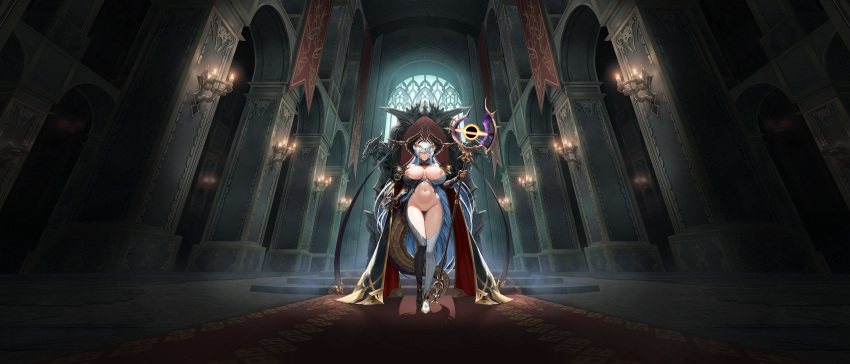 1girl absurdres arch architecture areola_slip armored_gloves ass_visible_through_thighs banner bare_shoulders black_cape black_collar black_feathers black_gloves black_hole black_horns black_scales black_unitard blind_princess_(last_origin) braid breasts breasts_apart candle candlelight candlestand cape center_opening collar crotch_plate crown_braid detached_collar detached_sleeves dragon_horns dragon_tail dragon_wings fake_horns fake_tail feather-trimmed_cape feather_collar feathers full_body gem gloves gold_trim hair_ornament highres holding holding_staff horn_ornament horns huge_breasts huge_horns indoors last_origin linea_alba long_hair looking_at_viewer low_neckline mage_staff mr.yun multiple_horns navel nipples official_alternate_costume official_art parted_lips pendant_collar pillar red_cape red_carpet red_gemstone ribbed_sleeves ribbed_unitard sculpture solo spikes staff stairs standing stomach stone_floor stone_stairs stone_wall tachi-e tail thick_thighs thigh_gap thighs third-party_source throne throne_room tiara two-tone_cape two-tone_unitard unitard very_long_hair wall white_eyes white_hair white_unitard wide_shot wings