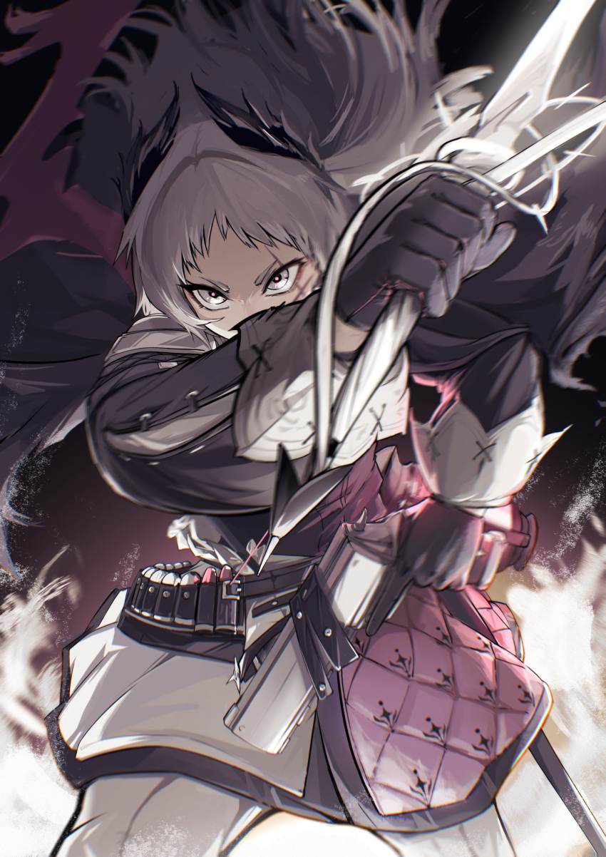 1girl absurdres ammunition_belt arknights belt black_gloves black_jacket cowboy_shot dynamic_pose fire front-seamed_legwear frown gloves grey_eyes grey_hair gun head_wings highres holding holding_gun holding_sword holding_weapon holstered irene_(arknights) jacket lantern long_hair long_sleeves looking_at_viewer pantyhose pink_fire pink_skirt print_skirt puffy_long_sleeves puffy_sleeves rapier scar scar_across_eye scar_on_face seamed_legwear skirt solo standing sword trigger_discipline turtleheart5 weapon white_pantyhose white_skirt wings