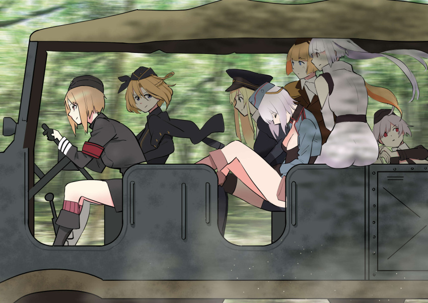 6+girls boots breasts c96_(girls'_frontline) cleavage closed_eyes driving forest g43_(girls'_frontline) gear_(gearba50) girls'_frontline hat highres mg34_(girls'_frontline) mg42_(girls'_frontline) military military_hat military_uniform motor_vehicle mp40_(girls'_frontline) multiple_girls nature p08_(girls'_frontline) peaked_cap red_armband stg44_(girls'_frontline) truck uniform wehrmacht