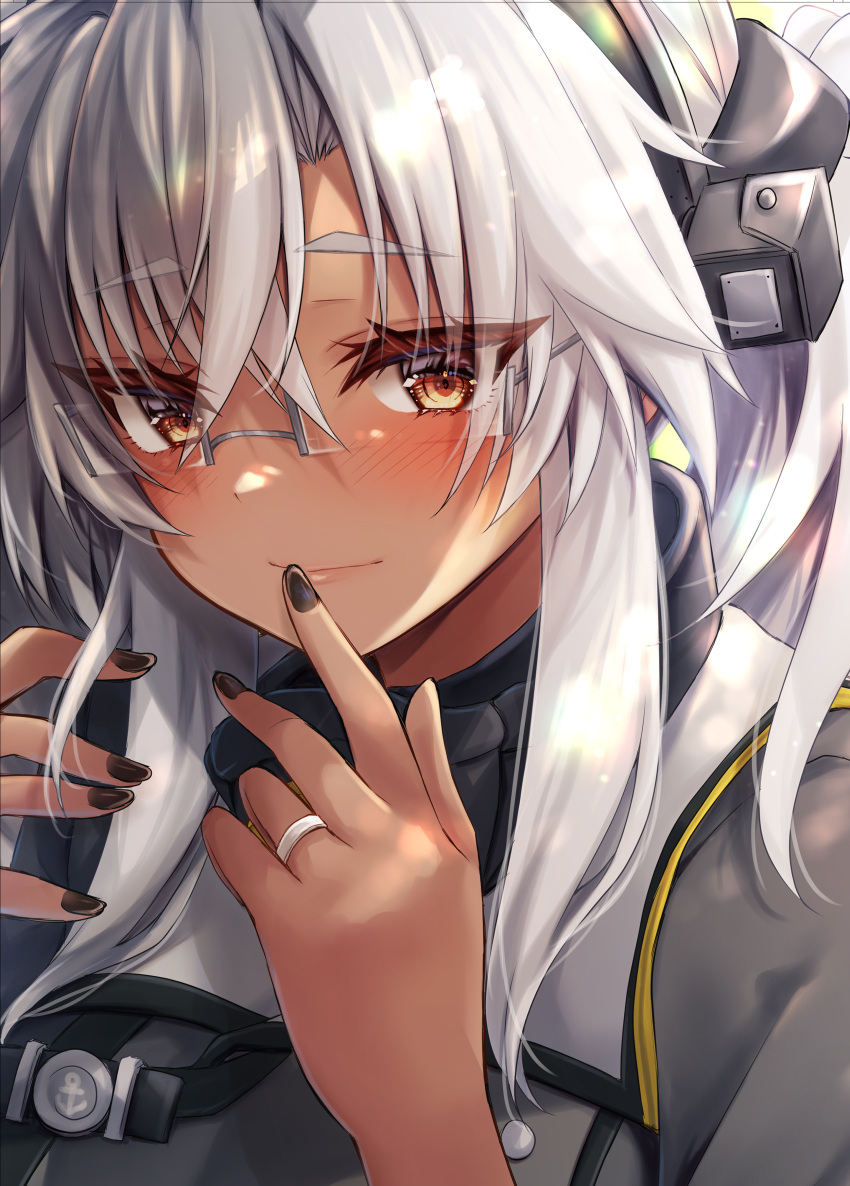 1girl absurdres black_nails blush breasts brown_eyes dark-skinned_female dark_skin glasses grey_hair hair_between_eyes highres kantai_collection large_breasts long_hair looking_at_viewer mashiro_yukiya musashi_(kancolle) musashi_kai_ni_(kancolle) rectangular_eyewear semi-rimless_eyewear solo