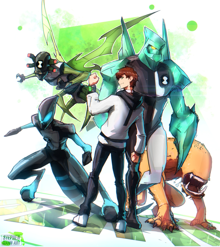 1boy absurdres alien artist_name ben_10 ben_tennyson black_pants brown_hair closed_mouth diamondhead green_eyes highres hood hood_down hooded_jacket jacket male_focus no_eyes omnitrix pants smile stephengiannart stinkfly white_jacket wildmutt xlr8