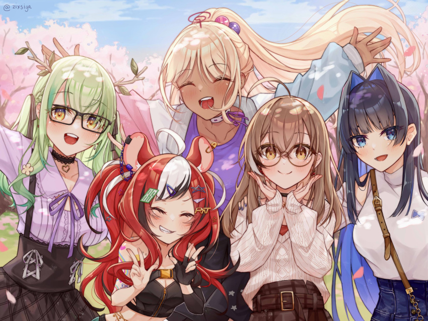5girls ahoge animal_ears antlers arms_up belt berry black_choker black_gloves black_hair black_skirt black_tube_top blonde_hair blue_hair blunt_bangs brown_bag brown_eyes brown_hair brown_skirt casual ceres_fauna ceres_fauna_(3rd_costume) cherry_blossoms choker cleavage_cutout clothing_cutout colored_inner_hair crop_top crossed_bangs dark-skinned_female dark_skin denim detached_sleeves double_v earrings fingerless_gloves flower food-themed_earrings glasses gloves green_hair hair_flower hair_intakes hair_ornament hair_ribbon hairclip hakos_baelz hakos_baelz_(3rd_costume) heart heart_choker high-waist_pants high-waist_skirt highres hime_cut holocouncil hololive hololive_english jacket jeans jewelry jirai_kei limiter_(tsukumo_sana) long_hair looking_at_viewer mole mole_under_eye mouse_ears mouse_girl multicolored_clothes multicolored_hair multicolored_jacket multiple_girls nanashi_mumei nanashi_mumei_(3rd_costume) official_alternate_costume ouro_kronii ouro_kronii_(3rd_costume) pants plaid plaid_skirt pleated_skirt ponytail purple_ribbon purple_shirt red_hair red_shirt ribbon round_eyewear shirt short_shorts shorts sidelocks single_glove single_sleeve skirt sleeves_past_wrists smile strapless streaked_hair sweater sweater_tucked_in t-shirt tsukumo_sana tube_top twintails two_side_up v very_long_hair virtual_youtuber white_hair white_sweater yellow_eyes zixsiga