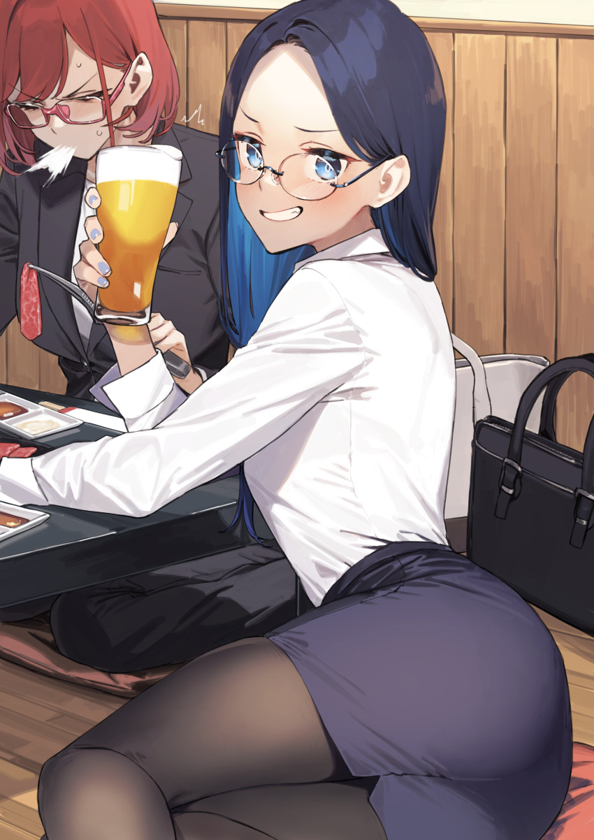 2girls 92m absurdres alcohol beer black_pantyhose blue_eyes blue_hair blue_nails blue_skirt clenched_teeth commentary_request cup dateko fingernails glasses highres holding holding_cup kinshi_no_ane long_hair long_sleeves looking_at_viewer multiple_girls nail_polish original pantyhose pink-framed_eyewear red_hair shirt short_hair sitting skirt smile teeth white_shirt