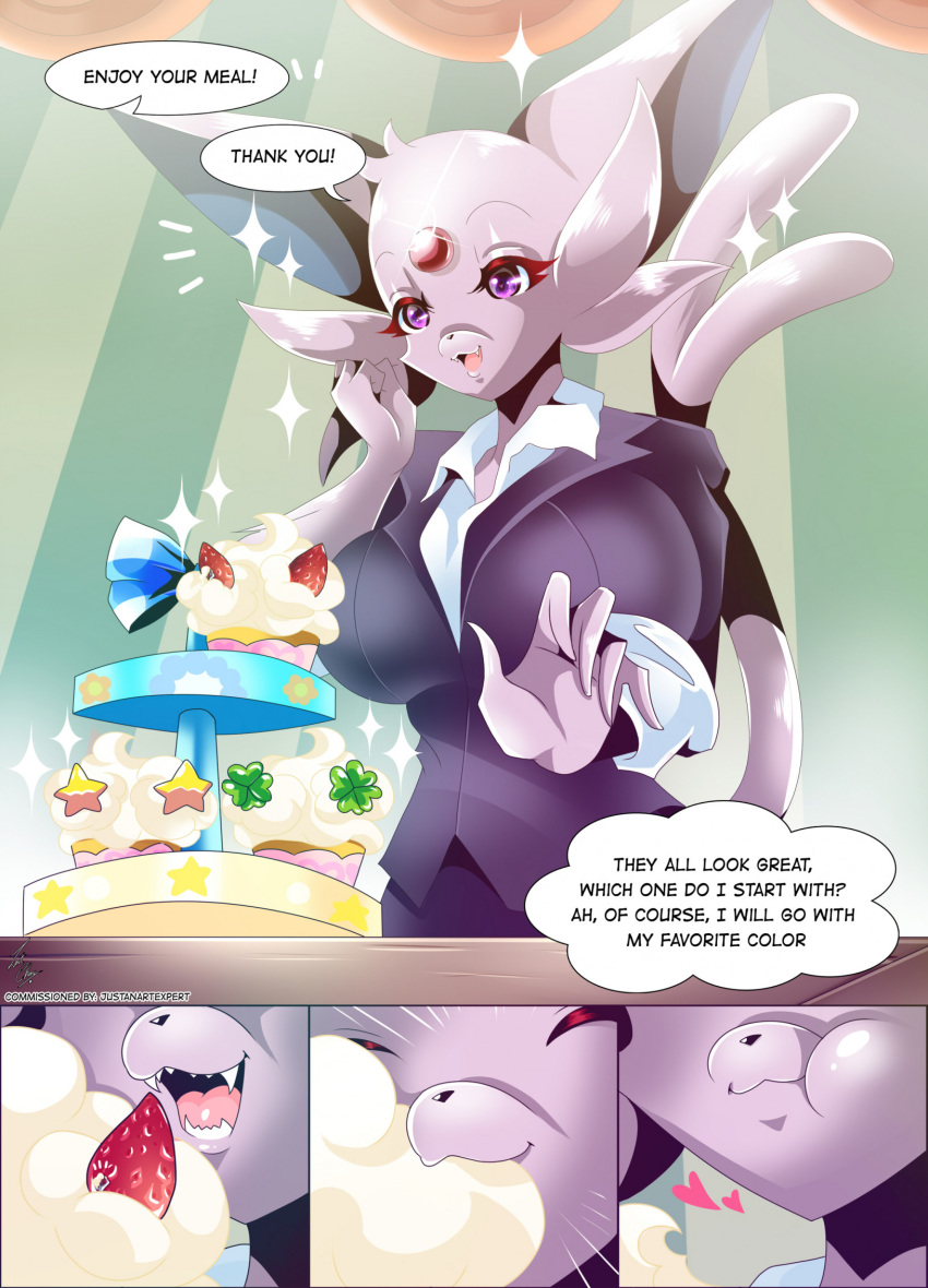 &lt;3 accidental_vore anthro big_breasts breasts brown_hair business_suit cheek_tuft clothed clothing cupcake dairy_products dessert dialogue digital_media_(artwork) duo eeveelution english_text espeon extreme_size_difference facial_tuft fangs female food forked_tail fruit fur generation_2_pokemon hair hat headgear headwear hi_res huge_breasts human humanoid icing inside larger_anthro larger_female male mammal micro muffin_(furryartexpert) nintendo open_mouth oral_vore plant pokemon pokemon_(species) pokemon_cafe_remix pokemorph purple_body purple_clothing purple_eyes purple_fur purple_suit shamrock signature size_difference smaller_human smaller_male smile sparkles speech_bubble star strawberry suit tail teeth text thought_bubble tongue topwear tuft unaware uniform unusual_anatomy unusual_tail vore waiter waiter_suit watermark whipped_cream zantchan zoom_in