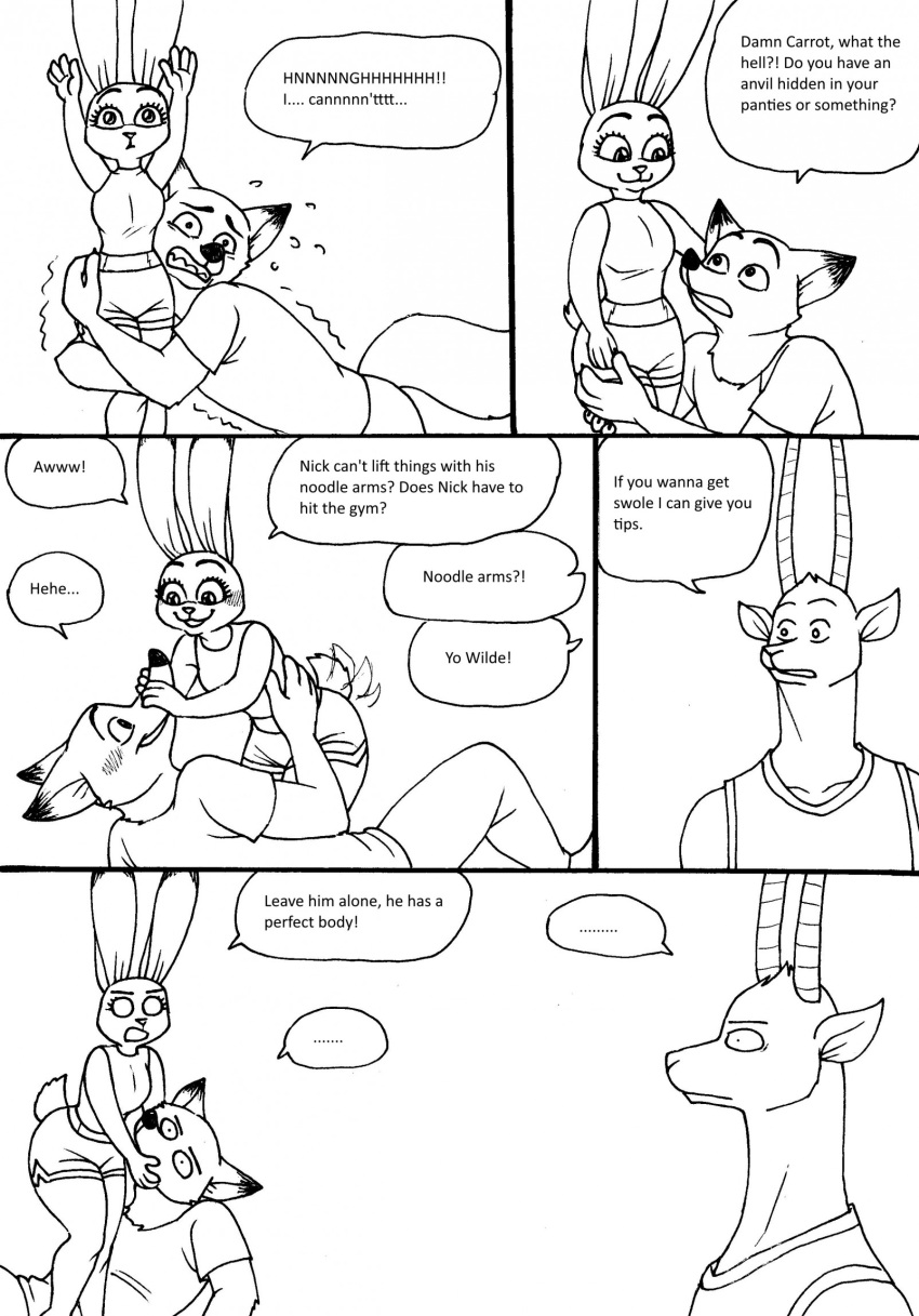 2023 4_fingers antelope anthro anthro_on_anthro bernielover bernielover's_college_au bottomwear bovid breasts butt canid canine claws clenched_teeth clothed clothing comic dialogue disney english_text female finger_claws fingers fox fur group hi_res horn humanoid_hands judy_hopps lagomorph leporid male male/female mammal monochrome nick_wilde rabbit shorts smile speech_bubble standing straining tail tail_motion tailwag teeth text trio zootopia
