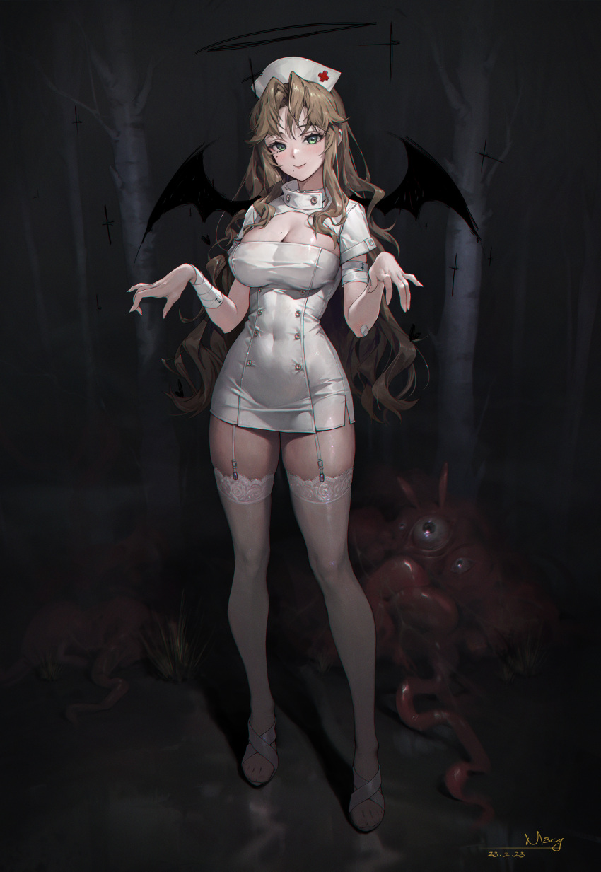 1girl absurdres artist_name bandaged_arm bandages bandaid bandaid_on_arm bat_wings black_wings blush breasts brown_hair buttons cleavage closed_mouth covered_navel cross dated double-breasted eyed_tentacle garter_straps green_eyes halo hat highres lace-trimmed_thighhighs large_breasts long_hair looking_at_viewer miyama_tsubaki_me mole mole_on_breast mole_under_eye mole_under_mouth nurse nurse_cap original red_cross sandals signature solo standing tentacles thighhighs tree white_footwear white_headwear white_thighhighs wings