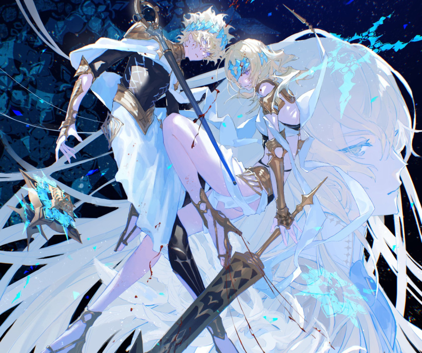 1girl 2boys armor ascot black_leggings black_shirt blonde_hair blood blood_on_face blue_ascot blue_brooch brother_and_sister cape castor_(fate) chakram closed_mouth collar commentary diadem fate/grand_order fate_(series) feathers floating floating_object floating_sword floating_weapon gauntlets gold_footwear grey_eyes hair_between_eyes high_collar high_heels highres jacket kirschtaria_wodime knee_up leggings light_particles long_hair looking_at_viewer looking_down looking_to_the_side metal_collar multiple_boys outstretched_hand parted_lips pollux_(fate) purple_eyes robe sandals shirt short_hair shoulder_armor siblings staff sword twins twintails uda_(xax_057) weapon white_cape white_feathers white_jacket white_robe