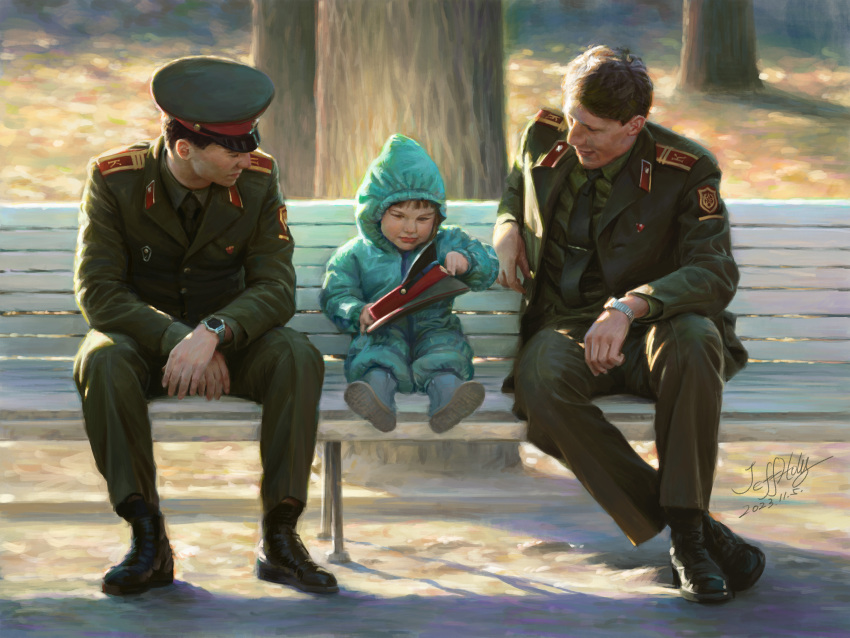 3boys absurdres artist_name bench black_footwear boots brown_hair child dated green_jacket green_pants hat highres jacket jeffholy male_focus military_hat military_jacket military_uniform morning multiple_boys original outdoors pants peaked_cap realistic short_hair sitting soldier toy tree uniform very_short_hair watch wristwatch