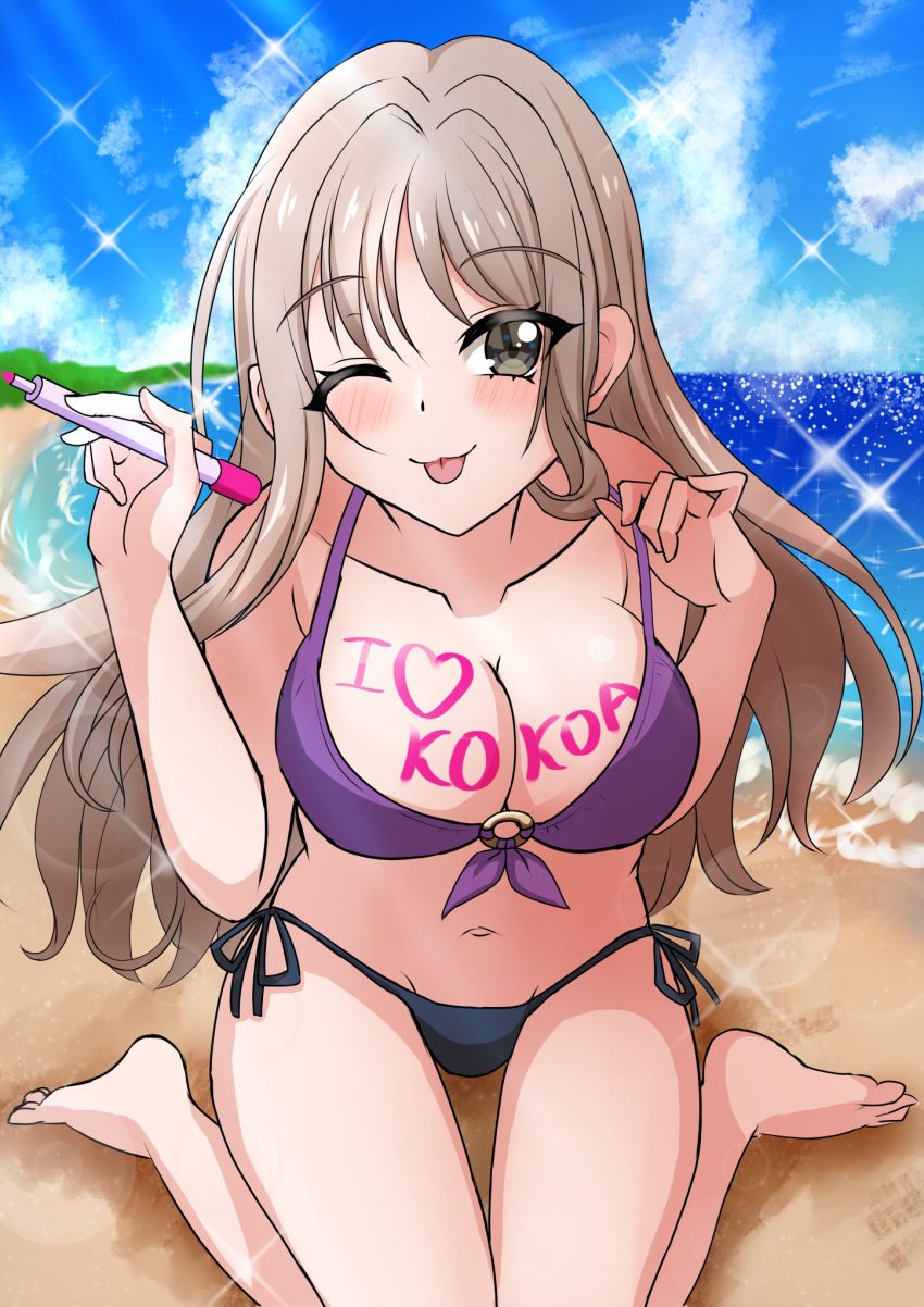 1girl beach bikini black_bikini blue_sky blush body_writing breasts brown_eyes brown_hair bush character_name cleavage d4dj heart highres holding holding_marker marker ocean one_eye_closed purple_bikini sand sky smile swimsuit teeth tendo_hayate tongue tongue_out yu-sha-mashi-alo-fa