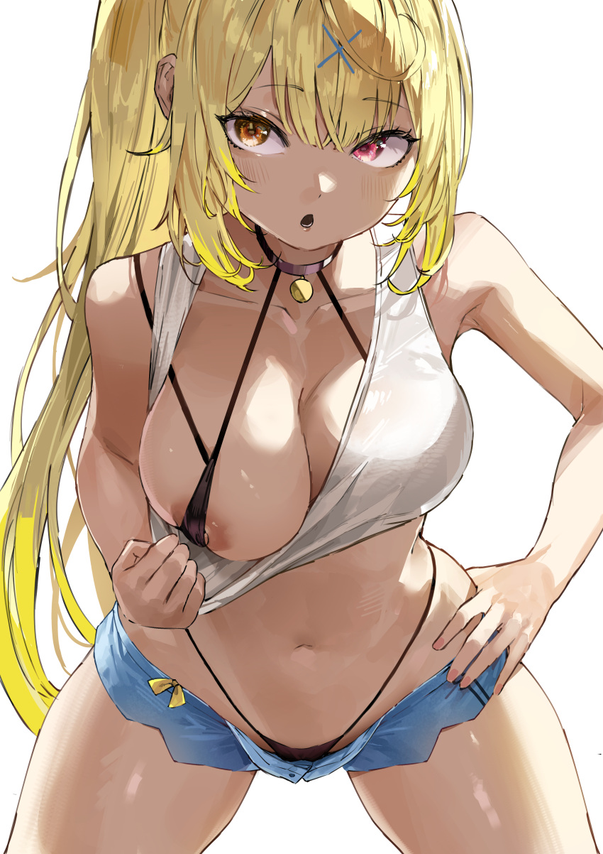 1girl absurdres areola_slip bare_arms black_bra black_panties blonde_hair blue_shorts bra breasts choker clothes_pull collarbone covered_nipples hair_ornament heterochromia highleg highleg_panties highres hoshikawa_sara hoshikawa_sara_(1st_costume) kuroi_suna large_breasts leaning_forward long_hair looking_at_viewer navel nijisanji open_clothes open_mouth open_shorts orange_eyes panties red_eyes short_shorts shorts side_ponytail solo tank_top underwear virtual_youtuber white_background white_tank_top x_hair_ornament