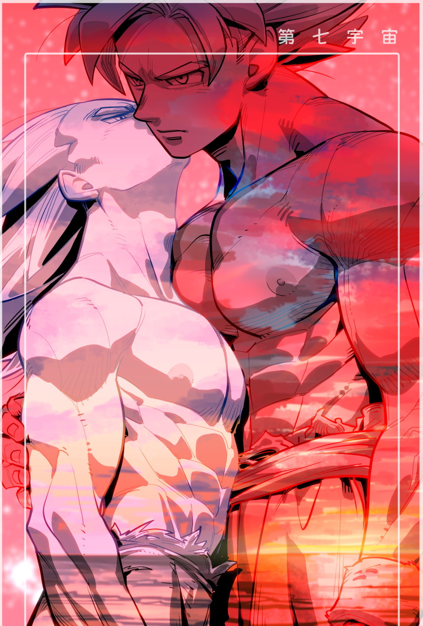 2boys abs bara blending border couple dragon_ball dragon_ball_z feet_out_of_frame frown hand_on_another's_back height_difference highres kiss kissing_cheek large_pectorals male_focus multiple_boys muscular muscular_male navel nipples pectorals receding_hairline short_hair sideburns son_goku spiked_hair standing stomach supobi thick_eyebrows topless_male translation_request vegeta yaoi