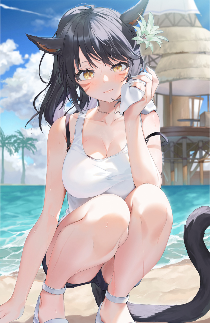 1girl absurdres animal_ears bare_shoulders black_hair black_shorts blush breasts cat_ears cat_girl cat_tail cleavage collarbone commentary_request commission facial_mark final_fantasy final_fantasy_xiv flower hair_flower hair_ornament highres holding large_breasts looking_at_viewer medium_hair miqo'te outdoors pixiv_commission shirt short_shorts shorts sleeveless squatting tail thighs water white_footwear white_shirt yana_mori yellow_eyes