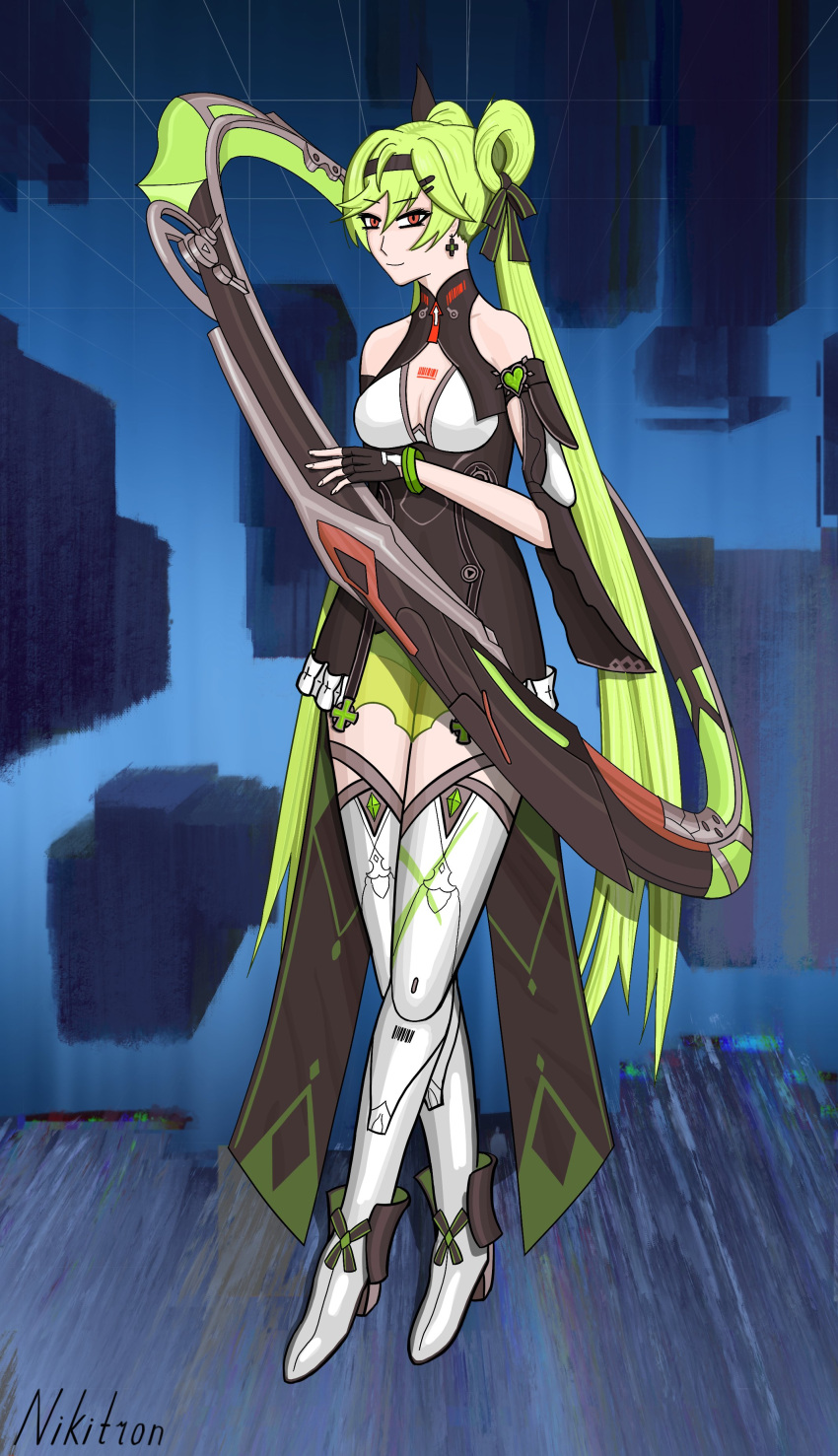 absurdres ai-chan_(honkai_impact) breasts chakram full_body green_hair highres honkai_(series) honkai_impact_3rd large_breasts long_hair nikitron_xd red_eyes twintails very_long_hair weapon