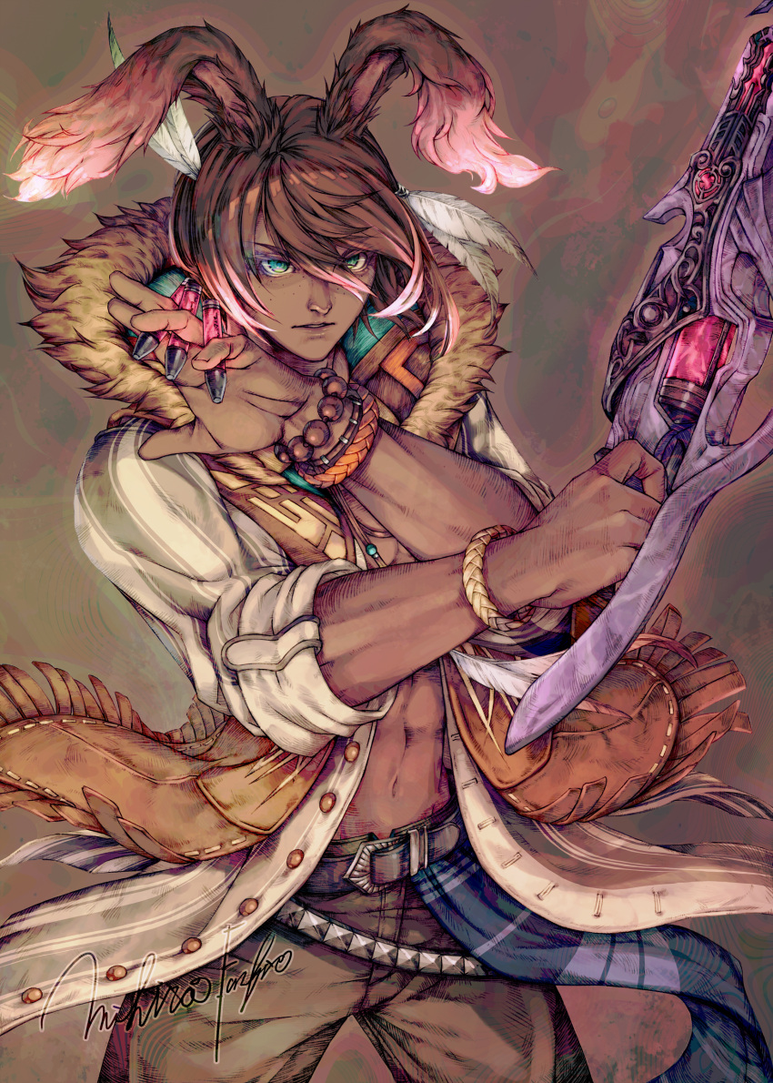 1boy abs absurdres ammunition animal_ears belt brown_background brown_eyes brown_hair brown_lips brown_pants brown_vest buttons commission cowboy_shot dark-skinned_male dark_skin feather_hair_ornament feathers final_fantasy final_fantasy_xiv freckles fur-trimmed_hood fur_trim glowing glowing_weapon gunblade gunbreaker_(final_fantasy) hair_between_eyes hair_ornament hands_up highres holding holding_weapon hood hood_down hooded_vest hoodie lips mihira_(tainosugatayaki) multicolored_hair navel open_clothes open_shirt open_vest pants parted_lips pink_hair rabbit_ears short_hair signature skeb_commission solo stomach toned toned_male two-tone_hair unbuttoned vest viera warrior_of_light_(ff14) weapon wristband x_arms